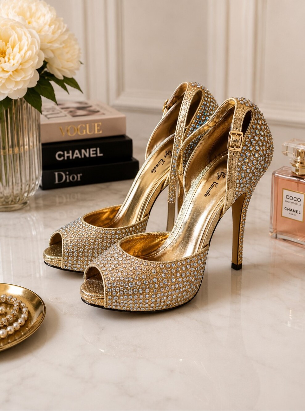 Gold Crystal Peep-Toe High Heels with Ankle Strap Bridal Prom - Picture 2 of 5